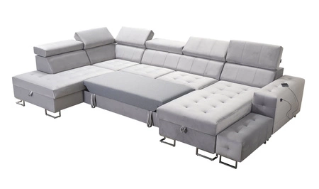 Narożnik z funkcją spania Hampton VI szary popiel prawostronny funkcjonalny narożnik do salonu z ruchomą dostawką oraz półką