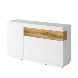 Komoda z szufladami Silke 150 cm biała / biały połysk / dąb wotan designerska komoda bezuchwytowy system otwierania drzwi i szuflad