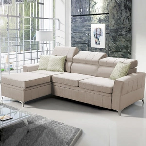 Narożnik z funkcją spania Rava jasny beż lewostronny velvet komfortowy i funkcjonalny narożnik z regulowanymi zagłówkami