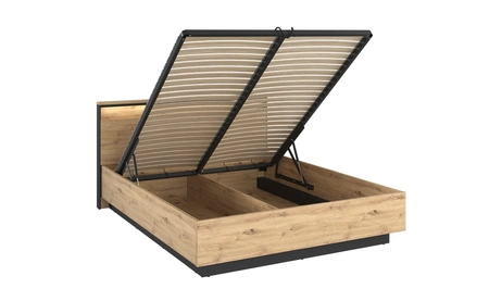 Łóżko Quant 180x200 cm dąb artisan / czarny komfortowe łóżko do sypialni z pojemnikiem na pościel wysoki zagłówek z oświetleniem LED