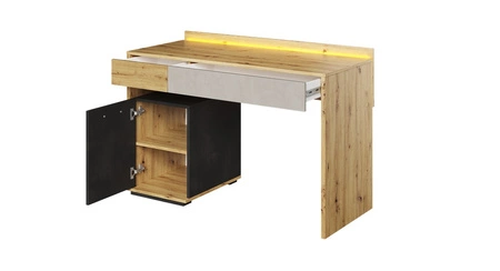 Biurko Qubic 120 cm dąb artisan / raw steel / silk flou nowoczesne biurko z ergonomicznym blatem komfort podczas nauki i pracy