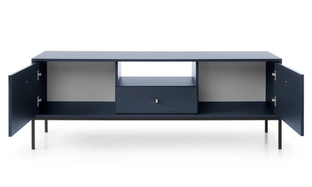 Szafka RTV Mono 154 cm granatowa minimalistyczny design prosta forma wzbogacona o metalowe elementy stylowy złoty uchwyt