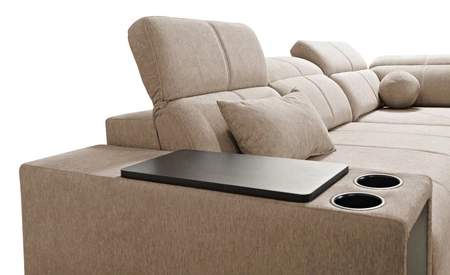 Narożnik z funkcją spania Tesalia IX szary prawostronny nowoczesny design komfortowe przesuwane oparcie szuflada w boczku mebla