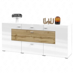 Komoda z szufladami Coby 165 cm biała / biały połysk / dąb wotan nowoczesny design idealna komoda do salonu sypialni lub biura srebrne uchwyty