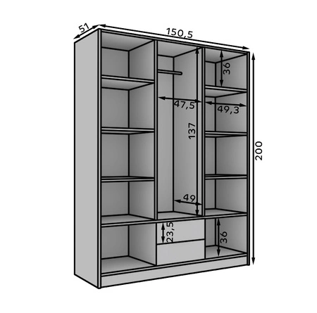 Szafa z lustrem Neri 150 cm czarna stylowe lamele zdobiące drzwi szafy pojemne szuflady uchwyty krawędziowe