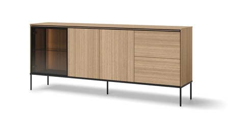 Komoda z szufladami Visso 201 cm dąb linearny stylowa komoda z gustownym przeszklonym frontem system otwierania push to open