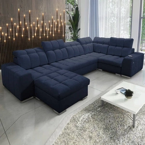 Narożnik z funkcją spania Luigi IV granatowy lewostronny elegancki narożnik do salonu wykonany z miękkiej tkaniny typu velvet
