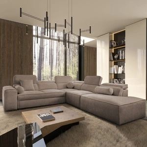 Narożnik z funkcją spania Viano IX jasny brąz prawostronny stylowy narożnik z pojemnikami na pościel idealny mebel do dużego salonu