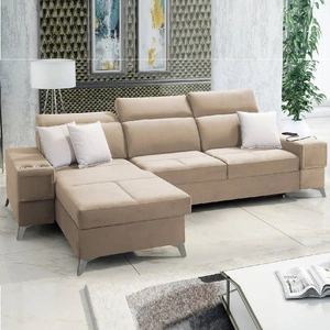 Narożnik z funkcją spania Elgin beżowy lewostronny narożnik z regulowanymi zagłówkami praktyczne szuflady w boczkach mebla