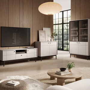 Zestaw mebli Modesta beżowy minimalistyczny design podkreślony subtelną kolorystyką ryflowane szkło hartowane wysokie drewniane nogi