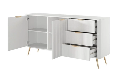 Komoda z szufladami Lante 163 cm biała gustowna komoda z ryflowanymi frontami wsparta na wysokich skośnych nogach stylowe uchwyty