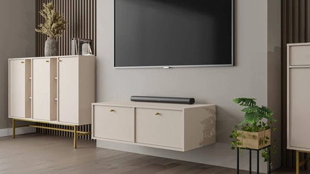 Szafka RTV Kioto IV 121 cm beżowa elegancka szafka z drzwiami otwieranymi do dołu stonowana kolorystyka złote metalowe uchwyty