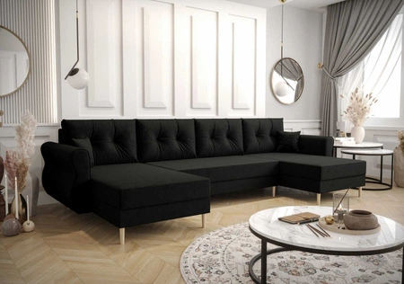 Narożnik z funkcją spania Wilkins U czarny komfortowy narożnik miękka tkanina nowoczesny design wpisujący się w każdą aranżację