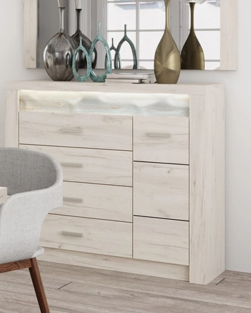 Komoda z szufladami Indiana 108 cm kraft biały elegancka stylistyka komody ozdobna deska na froncie komody oświetlona LED