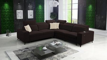 Narożnik z funkcją spania Kelly Sleek III brązowy prawostronny elegancki narożnik do salonu z dwoma pojemnikami na pościel