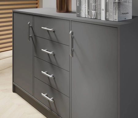 Komoda z szufladami Caspe 140 cm antracytowa nowoczesny design mebla obrzeża komody wykończone specjalną okleiną ABS