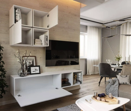 Meblościanka Perisa biała / biały połysk minimalistyczny design meblościanka do salonu lub pokoju dziennego system push to open