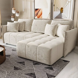 Narożnik z funkcją spania Oroso beżowy prawostronny miękka tkanina typu velvet z powłoką hydrofobową pojemnik na pościel