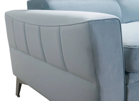 Narożnik z funkcją spania Rava grafitowy prawostronny velvet komfortowy i funkcjonalny narożnik z regulowanymi zagłówkami