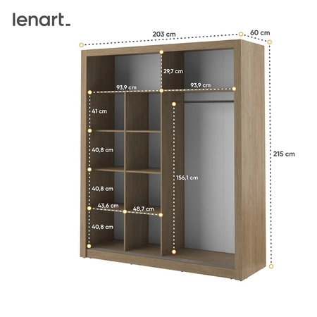 Szafa przesuwna z lustrem Arti 203 cm dąb shetland pojemna szafa do sypialni lub przedpokoju drzwi szafy wykończone dużymi lustrami
