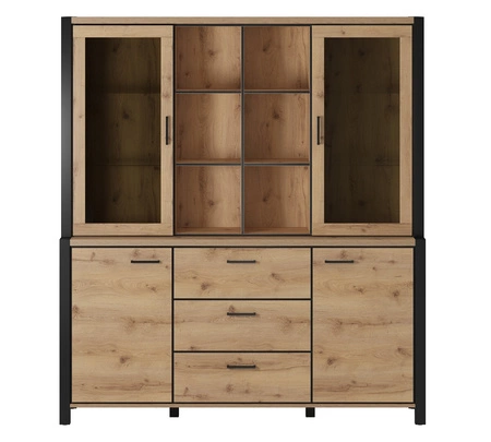 Kredens Aktiv 180 cm dąb taurus / czarny nowoczesny design bezpieczne szkło hartowane stylowe metalowe uchwyty pojemne szuflady