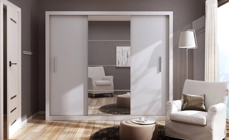 Szafa przesuwna z lustrem Idea 250 cm biała estetycznie wykonana szafa do sypialni lub pokoju młodzieżowego srebrne uchwyty
