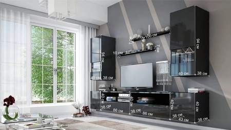 Meblościanka Parga biała / biały połysk uniwersalna meblościanka do salonu o lekkiej stylistyce idealnie wkomponuje się w każde wnętrze