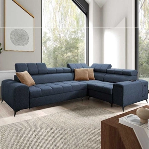 Narożnik z funkcją spania Bolmso II niebieski prawostronny narożnik z pojemnikiem na pościel szuflada z pełnym wysuwem w boczku mebla