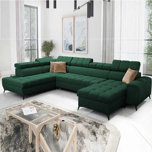 Narożnik z funkcją spania Bolmso VI zielony prawostronny wygodny narożnik z regulowanymi zagłówkami dekoracyjne pikowania na siedzisku