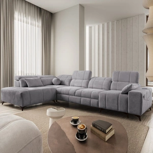 Narożnik z funkcją spania Penejos XI jasny szary lewostronny wygodny narożnik z regulowanymi zagłówkami i dwoma pojemnikami na pościel