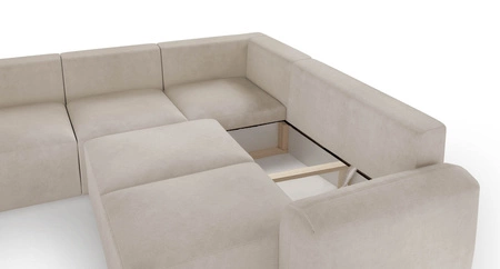 Narożnik z funkcją spania Arbon III beżowy lewostronny wyjątkowo stylowy narożnik z pojemnikiem na pościel unikalny obły kształt