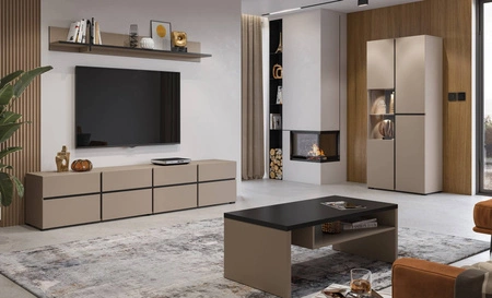 Witryna Cross 79 cm ciemny beżowy stylowa witryna do salonu o geometrycznym kształcie bezuchwytowe fronty nowoczesny design