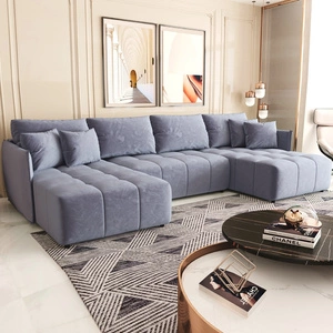 Narożnik z funkcją spania Oroso U błękitny pojemnik na pościel miękka tkanina typu velvet z powłoką hydrofobową ozdobne pikowania