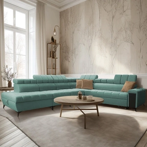 Narożnik z funkcją spania Bolmso XII miętowy lewostronny nowoczesny design narożnik zapewnia komfort obszerne pojemniki na pościel