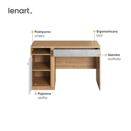 Biurko Plano 120 cm dąb nash / biały / beton nowoczesne biurko młodzieżowe z szufladą zapewnia komfort podczas nauki lub pracy
