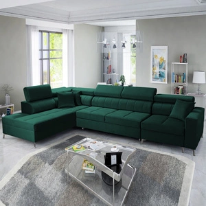 Narożnik z funkcją spania Nausa X butelkowa zieleń lewostronny narożnik z dwoma pojemnikami na pościel wykonanie z tkaniny typu velvet