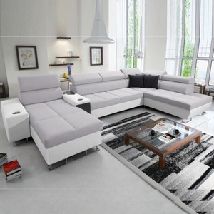 Narożnik z funkcją spania Dafni V szary popiel / biały lewostronny pleciony wygodny i komfortowy narożnik z regulowanymi zagłówkami