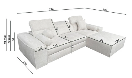 Narożnik z funkcją spania Viano szary prawostronny stylowy narożnik o ciekawym kształcie regulowane zagłówki ozdobne poduszki