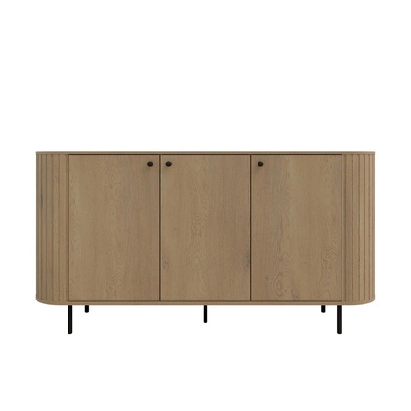 Komoda Ovalio 165 cm dąb cremona minimalistyczna forma dokonała komoda do salonu stylowy owalny kształt ozdobne frezowania na korpusie
