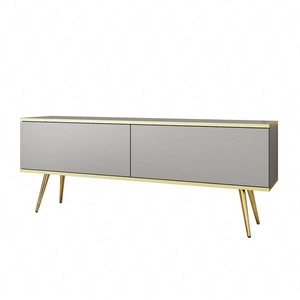 Szafka RTV Luxury 135 cm szara elegancki design korpus zwieńczony złotą listwą szafka wsparta na złotych metalowych nogach