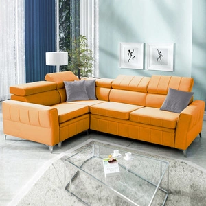 Narożnik z funkcją spania Rava II żółty lewostronny velvet komfortowy narożnik z pojemnikiem na pościel wielofunkcyjna lampka