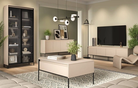 Komoda Trend 193 cm beżowa wyjątkowy design pojemna komoda do salonu z oświetleniem LED charakterystyczne ryflowane fronty