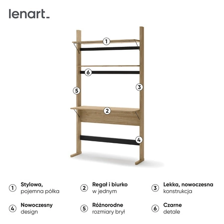 Regał Ollie 108 cm dąb olejowany / czarny designerski regał z funkcją biurka zapewnia praktyczne miejsce do pracy i przechowywania