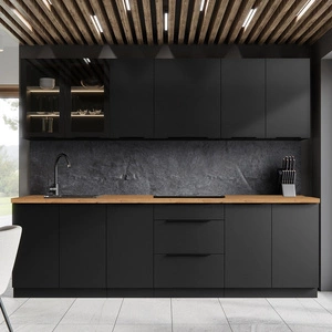 Zestaw mebli kuchennych Black 260 cm metalowe uchwyty krawędziowe szafki doskonale prezentują się w nowoczesnych wnętrzach