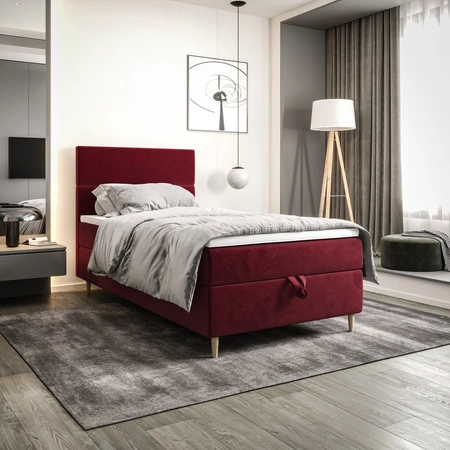 Łóżko kontynentalne Bing 100x200 bordowe w nowoczesnym skandynawskim stylu z tapicerowanym zagłówkiem łóżko z pojemnikiem