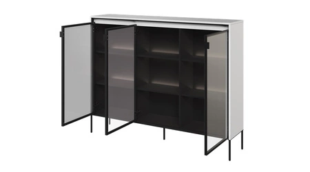Komoda Trend 150 cm biała designerski przeszklony front klimatyczne oświetlenie w postaci paska led pod górnym blatem