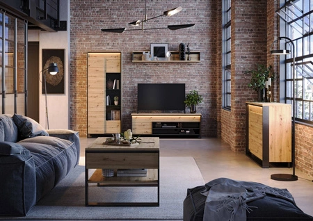 Szafka RTV Quant 155 cm dąb artisan / czarny oryginalny design szafka pod telewizor w stylu loftowym subtelne oświetlenie LED