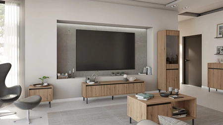 Szafka RTV Osaka 179 cm dąb evoke / czarna w modnej kolorystyce idealna do wnętrz w stylu japońskim gustowny ryflowany front