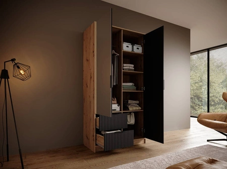 Szafa z lustrem Norel 102 cm dąb artisan / czarny stylowa szafa o nowoczesnym designie z ryflowanymi frontami i pojemnymi szufladami