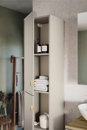 Słupek łazienkowy wiszący Bella 35 cm beżowy szafka odporna na działanie wilgoci i wysokiej temperatury fronty z frezowaną ramką